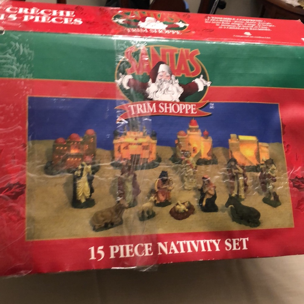 VINTAGE SANTA’S TRIM SHOPPE NATIVITY 15 Pc SET LIGHTED VILLAGE ORIG BOX - OS0025